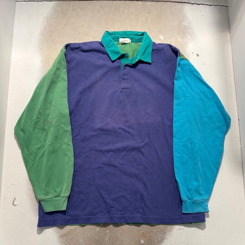Vintage JCrew Colorblock Rugby Shirt Mens XL Purple Green Long Sleeve Cotton